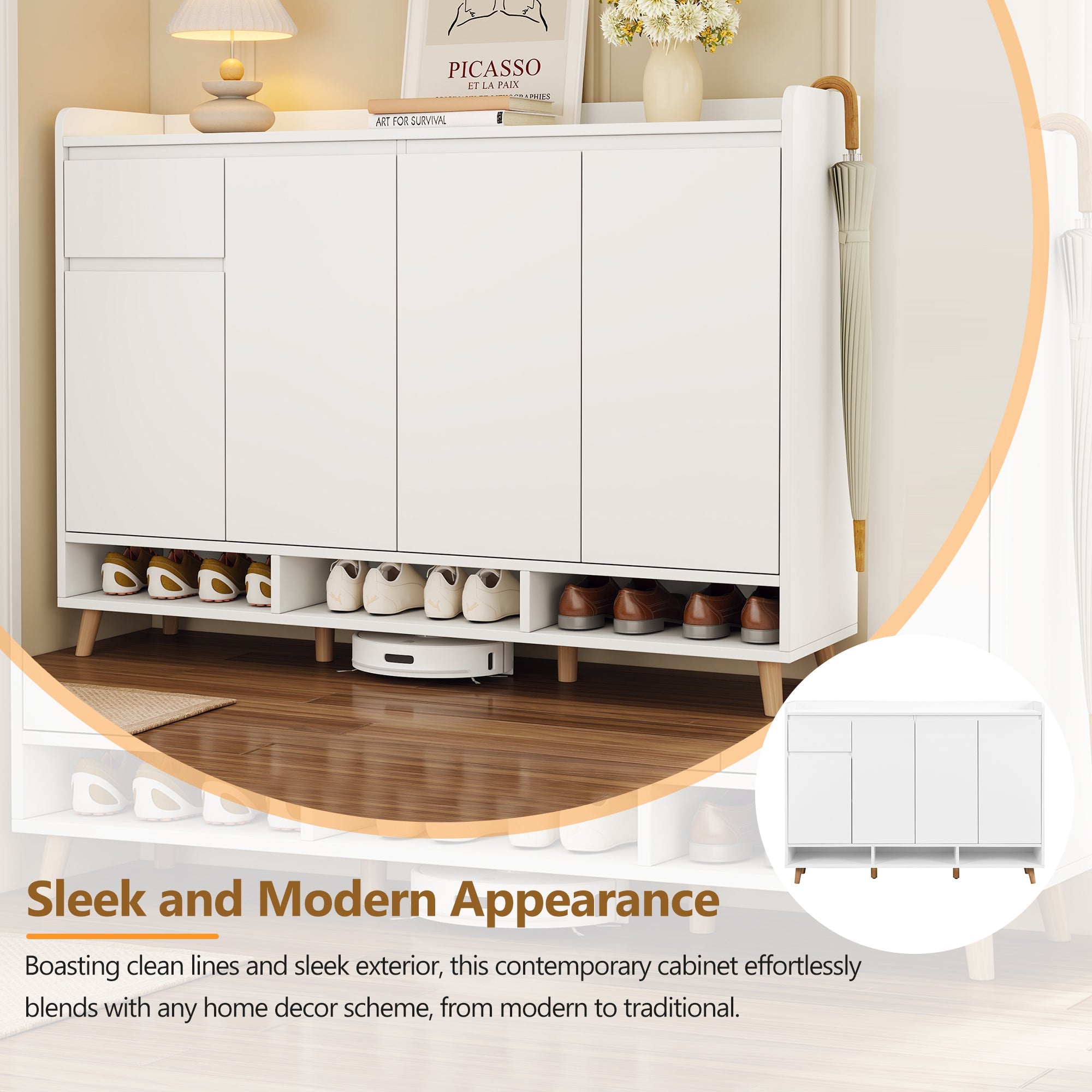 ON-TREND Sleek and Contemporary Shoe Cabinet with Adjustable Shelves, Minimalist Home Organizer with Solid Wood Legs, Storage Sideboard for Entryway, Living Room, White
