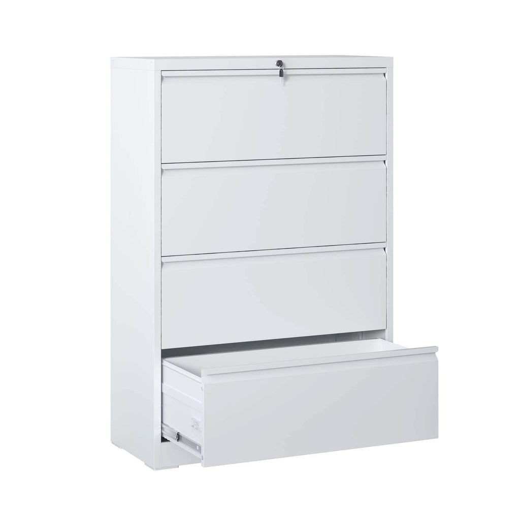 Modern Steel 4-Drawer Lateral File Cabinet with Lock, White Finish, Metal Construction, 35.43x15.75x52.28 inches