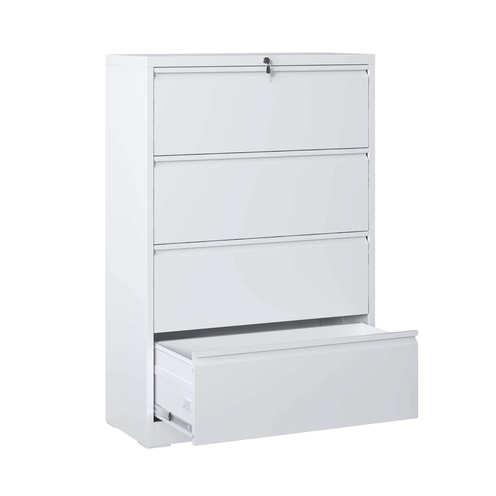 Modern Steel 4-Drawer Lateral File Cabinet with Lock, White Finish, Metal Construction, 35.43x15.75x52.28 inches