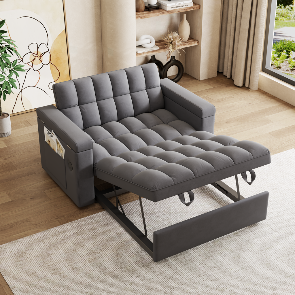 65-inch 3-in-1 foldable large-sized computer desk sofa bed, modern velvet double sofa, sofa bed with adjustable backrest, storage bag and pillow, hidden living room laptop desk, with USB port