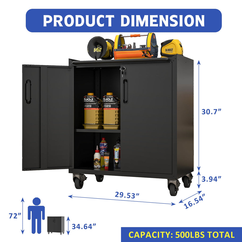 Heavy-Duty Metal Garage Storage Cabinet with Wheels - Sturdy Tool Storage Solution in Black Steel, 29.53x17.72x34.65 inches