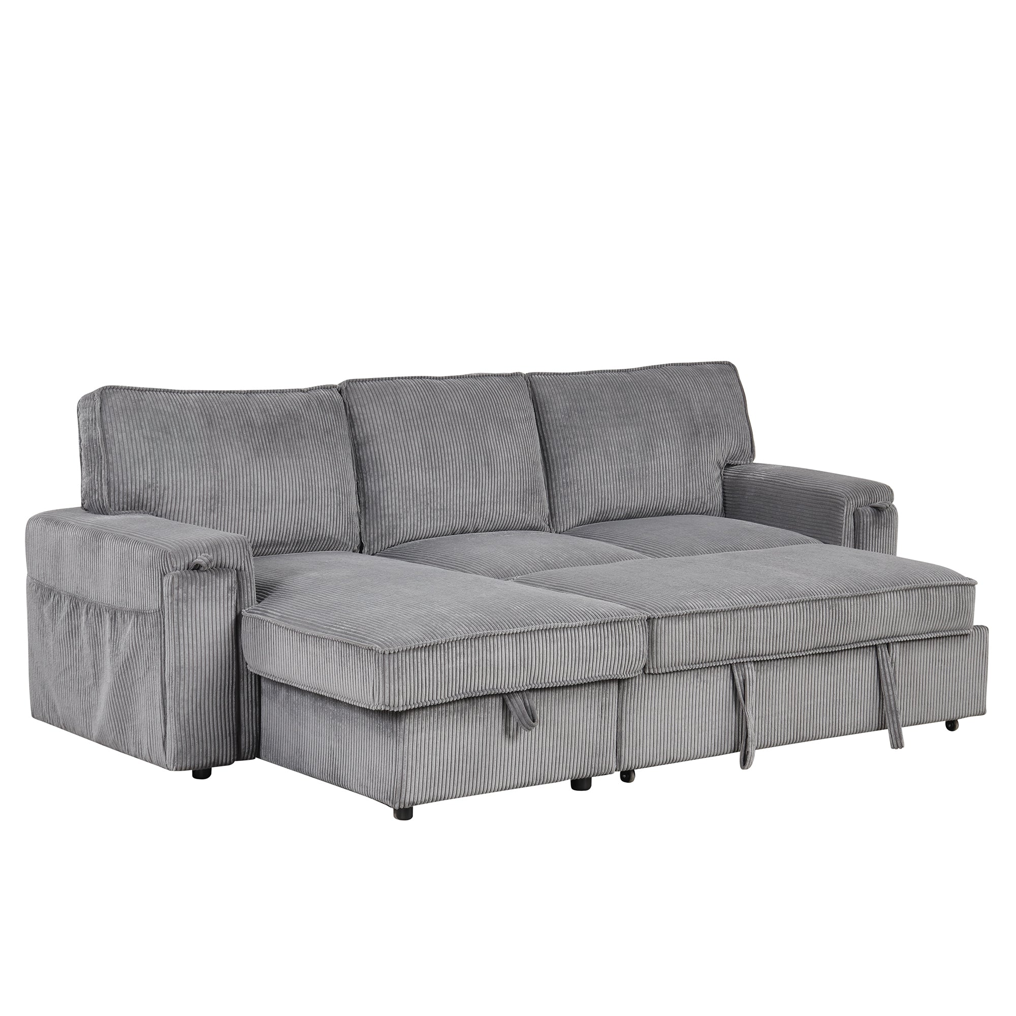 U_STYLE Upholstery Sleeper Sectional Sofa with Storage Bags and 2 cup holders  on Arms