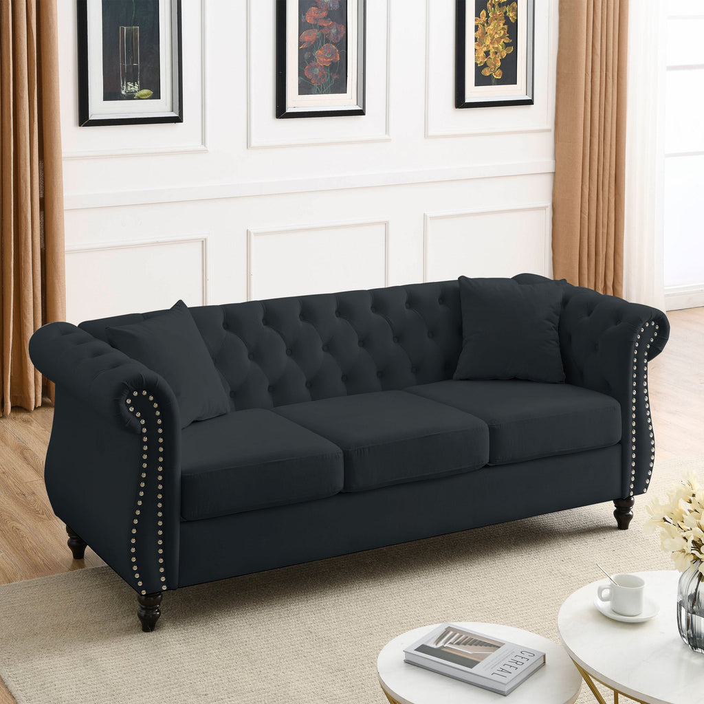 [Video] 80' Chesterfield Sofa Black Velvet for Living Room, 3 Seater Sofa Tufted Couch with Rolled Arms and Nailhead for Living Room, Bedroom, Office, Apartment, two pillows