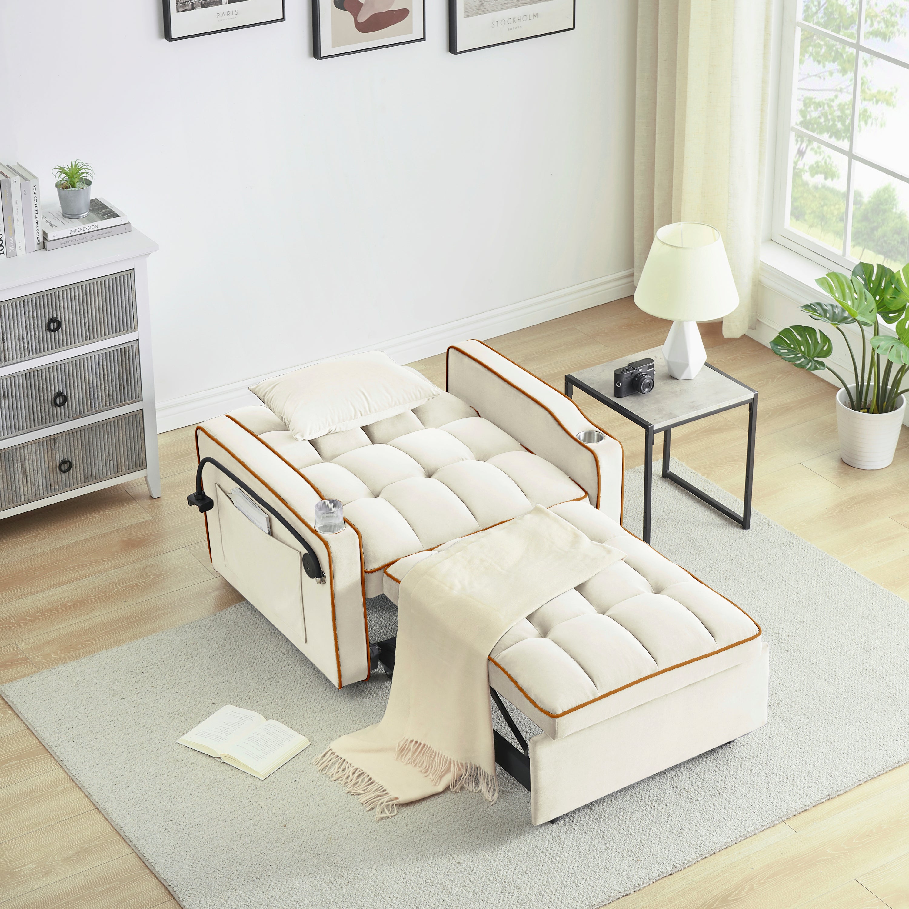 1 versatile foldable sofa bed in 3 lengths, modern sofa sofa sofa velvet pull-out bed, adjustable back and with USB port and ashtray and swivel phone stand creamy white