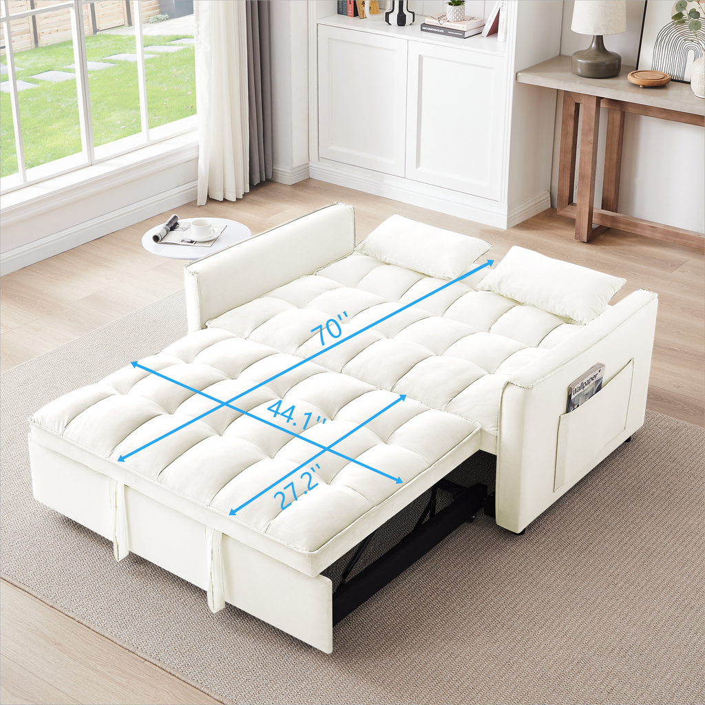 55.1-inch 3-in-1 convertible sofa bed, modern velvet double sofa Futon sofa bed with adjustable back, storage bag and pillow, for living room, bedroom (Off white)