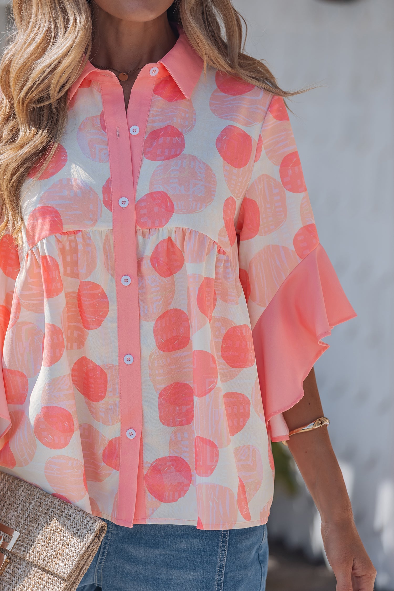 Polka Dot Ruffle Short Sleeve Babydoll Shirt