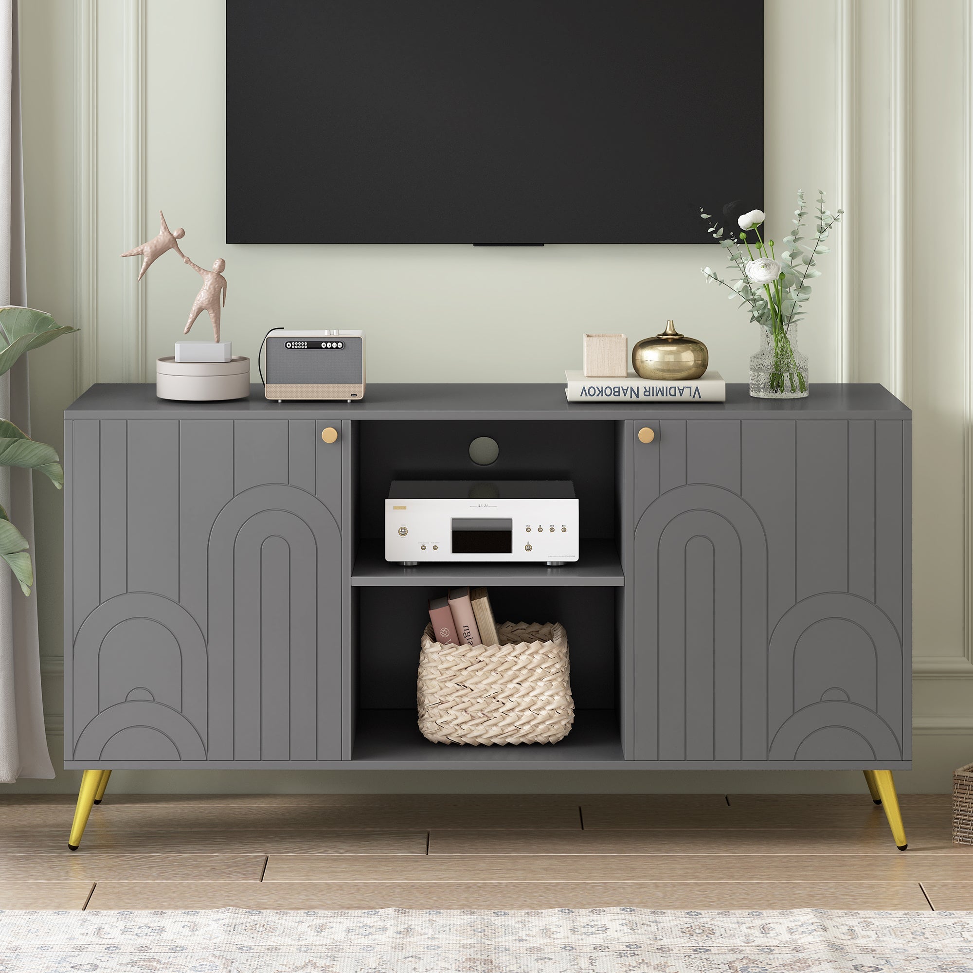 U-Can Modern TV Stand for TVs up to 55 Inches, Entertainment Center Media Console,Adjustable Shelf, Metal Legs, Handles and Anti-tip Device for Living room