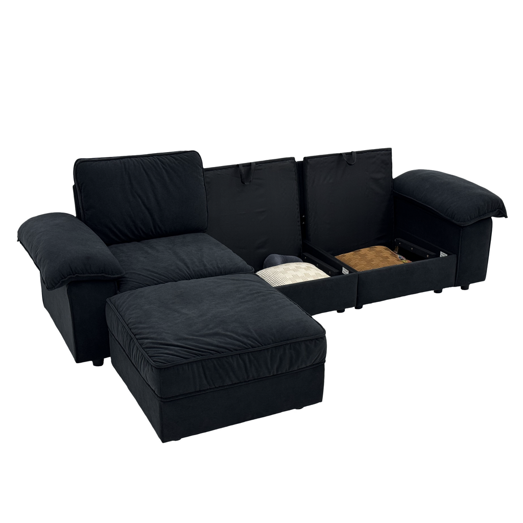 FX-P20M-3S0-BK (3S&Ottoman SOFA)105.5inch Upholstered L-Shaped Sectional Sofa with Storage , Modern Fabric Couch with Deep Cushions, Space-Saving Sofa for Apartment & Living Room