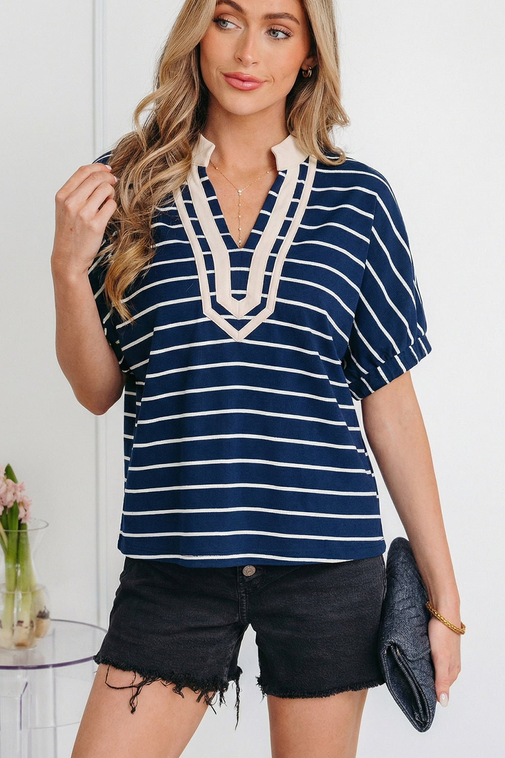 Stripe Stand Collar V-Neck Dolman Sleeve Top