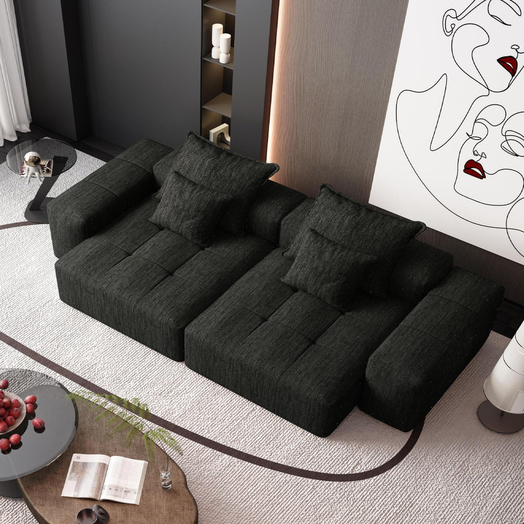 Modern Oversized Modular Sectional Sofa with 2 Chaise Lounge and 2 Armrest, Sparkling Chenille Fabric Soft Cushion Sofa with 4 Pillows, 4 PCS DIY Combination Tufted Sofa, No Assembly Required, BLACK