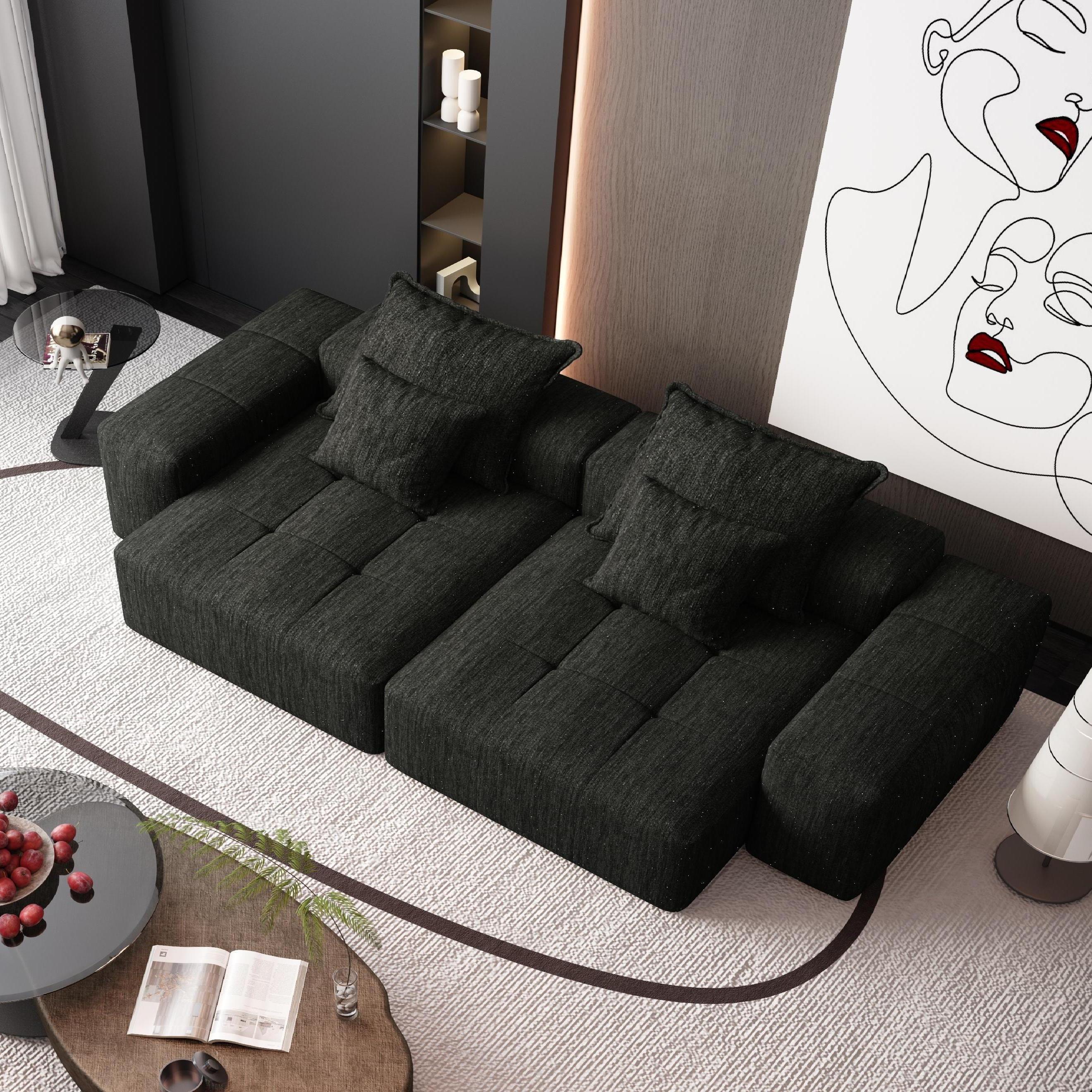 Modern Oversized Modular Sectional Sofa with 2 Chaise Lounge and 2 Armrest, Sparkling Chenille Fabric Soft Cushion Sofa with 4 Pillows, 4 PCS DIY Combination Tufted Sofa, No Assembly Required, BLACK