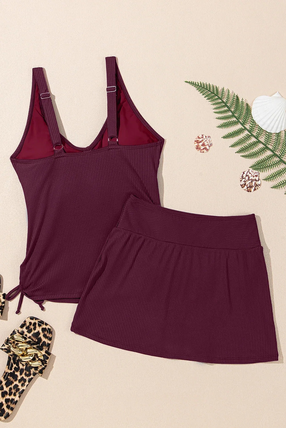 Solid Ribbed Knit Tankini & Skort Swim Set