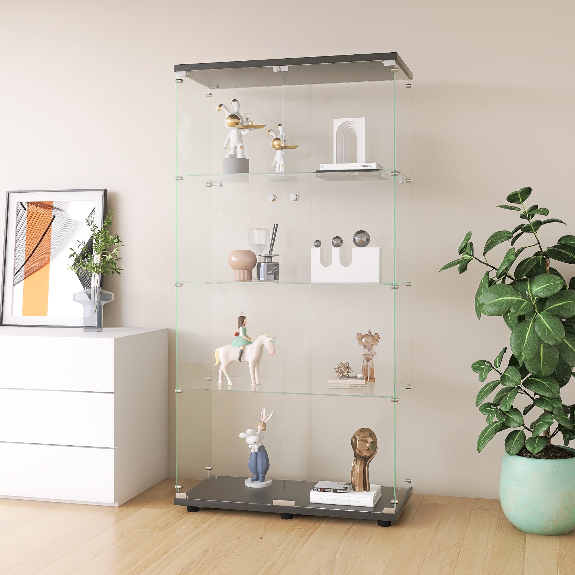 Two-door Glass Display Cabinet 4 Shelves with Door, Floor Standing Curio Bookshelf for Living Room Bedroom Office,  64.7'*31.7'*14.3',Black
