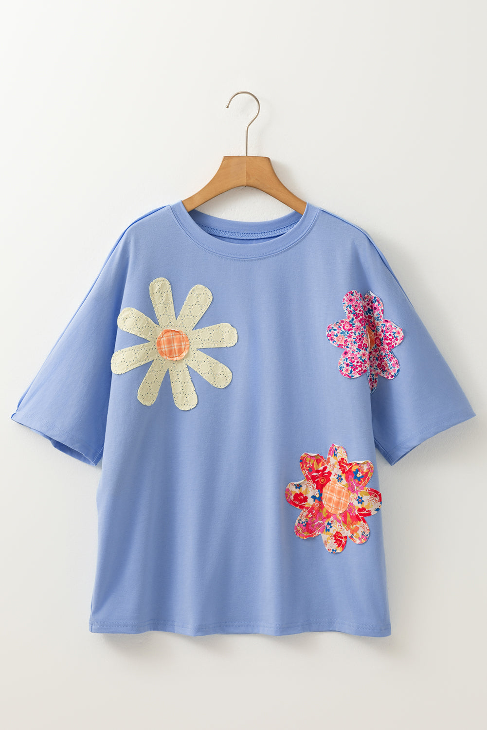 Floral Patch Exposed Stitching Crew Neck Tee
