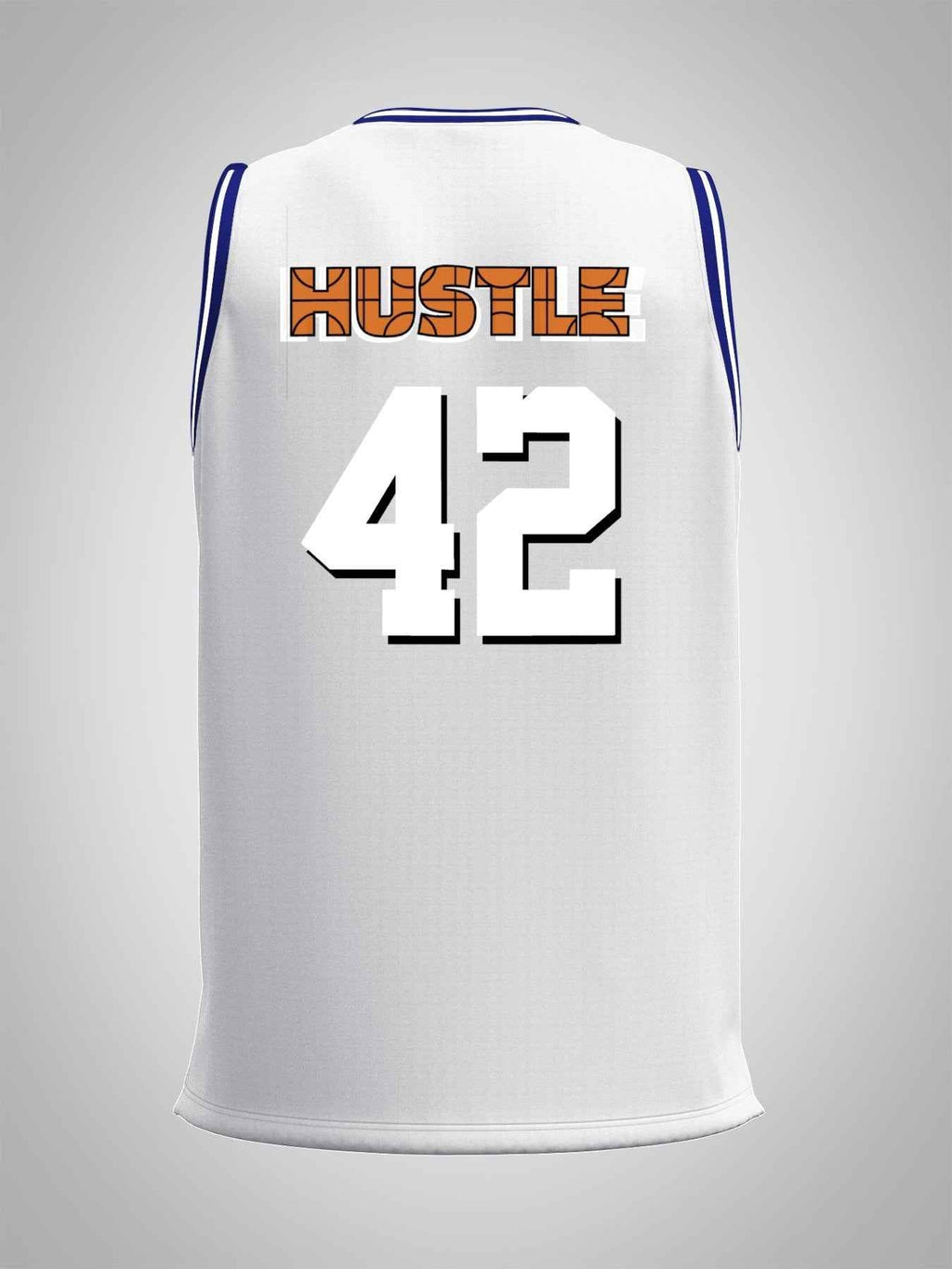 Hustle 42 Adult White with Blue Trim Basketball Jersey | Ships From USA