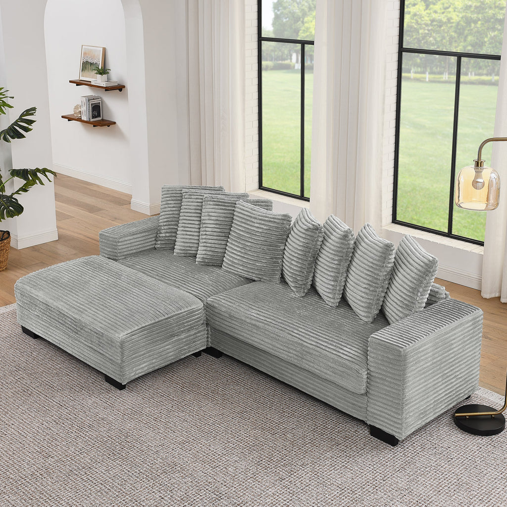 Corduroy Tufted Upholstered Sleeper Sectional Sofa, L-Shaped Modular Convertible Sofa , Can freely change the position of the footrests-Gray(Assembly is required)