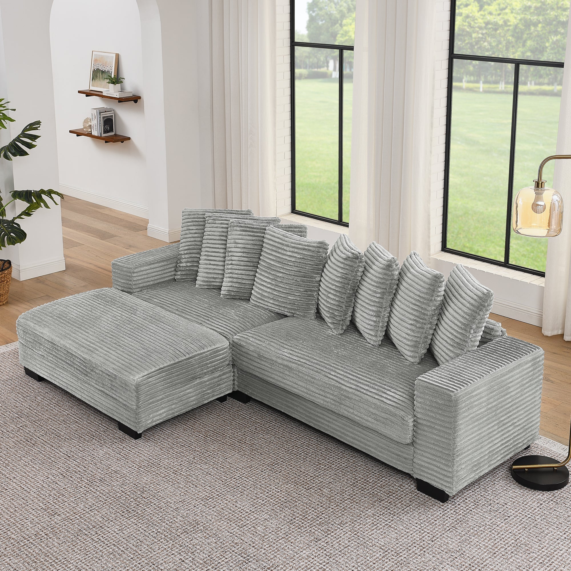 Corduroy Tufted Upholstered Sleeper Sectional Sofa, L-Shaped Modular Convertible Sofa , Can freely change the position of the footrests-Gray(Assembly is required)