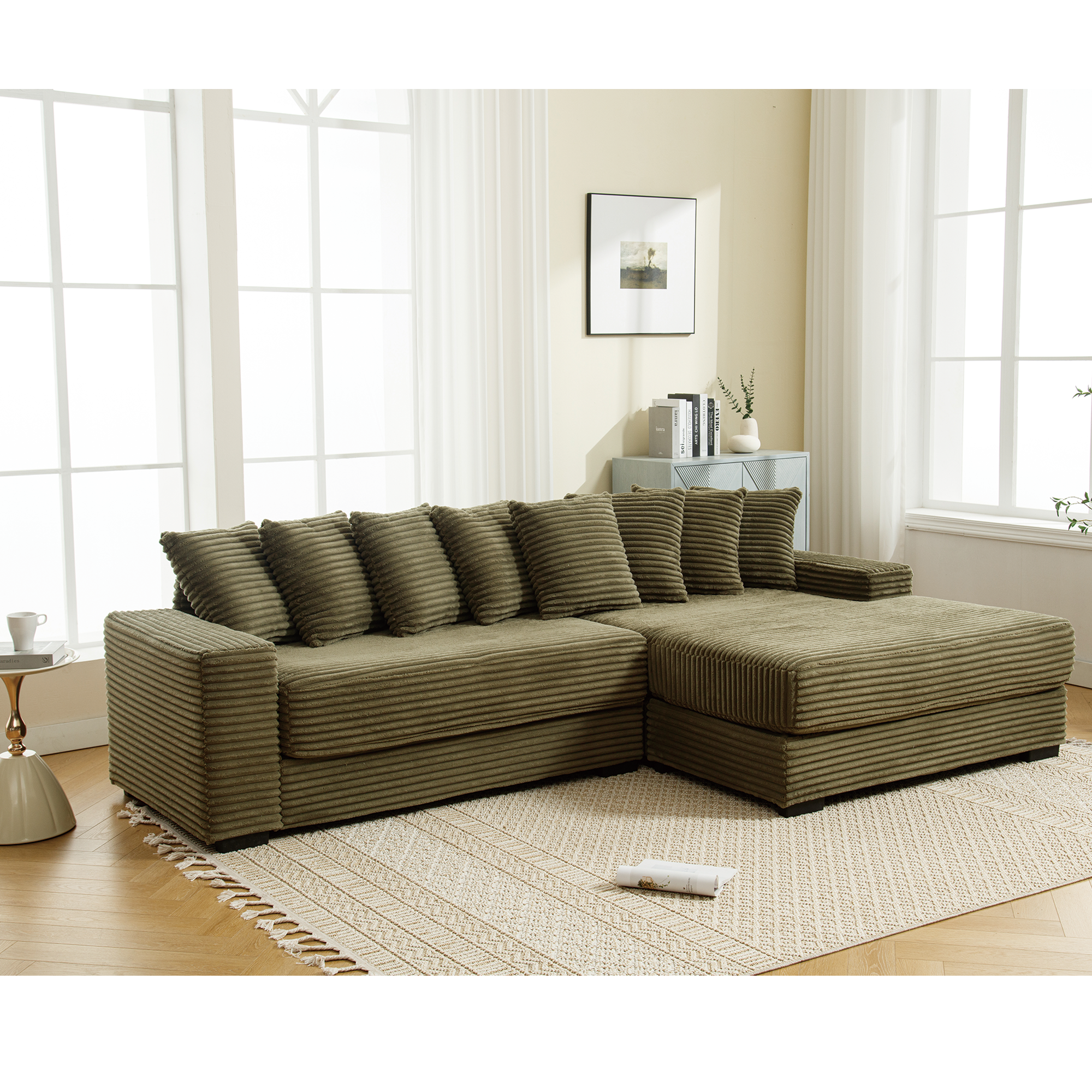 [NEW ARRIVED] [VIDEO PROVIDED] Oversized Two-Piece Couches, L Shaped Sofa, Corduroy, Right Chaise Daybed,with Armrests,Eight Throw Pillows,Corner Sofa,Easy To Assemble, Green