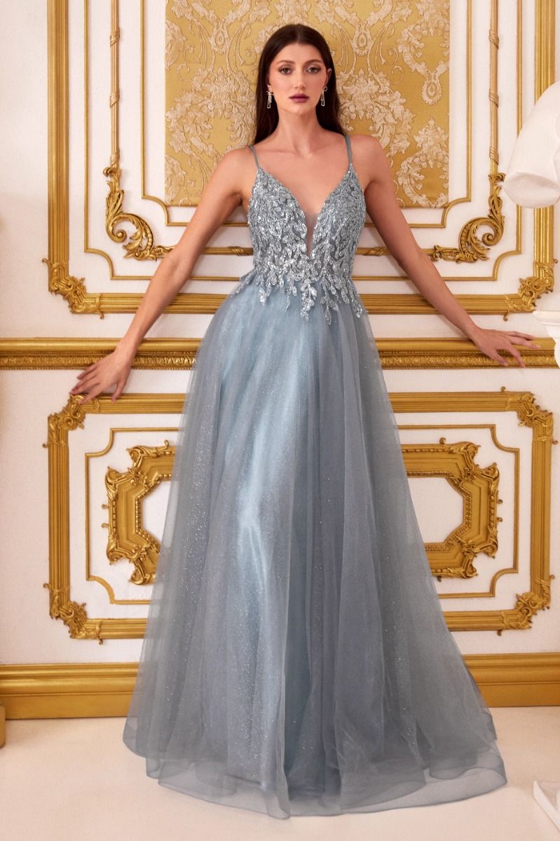 A-Line Layered Tulle Open Back Illusion V-Neck Long Prom Dress CDCD0154