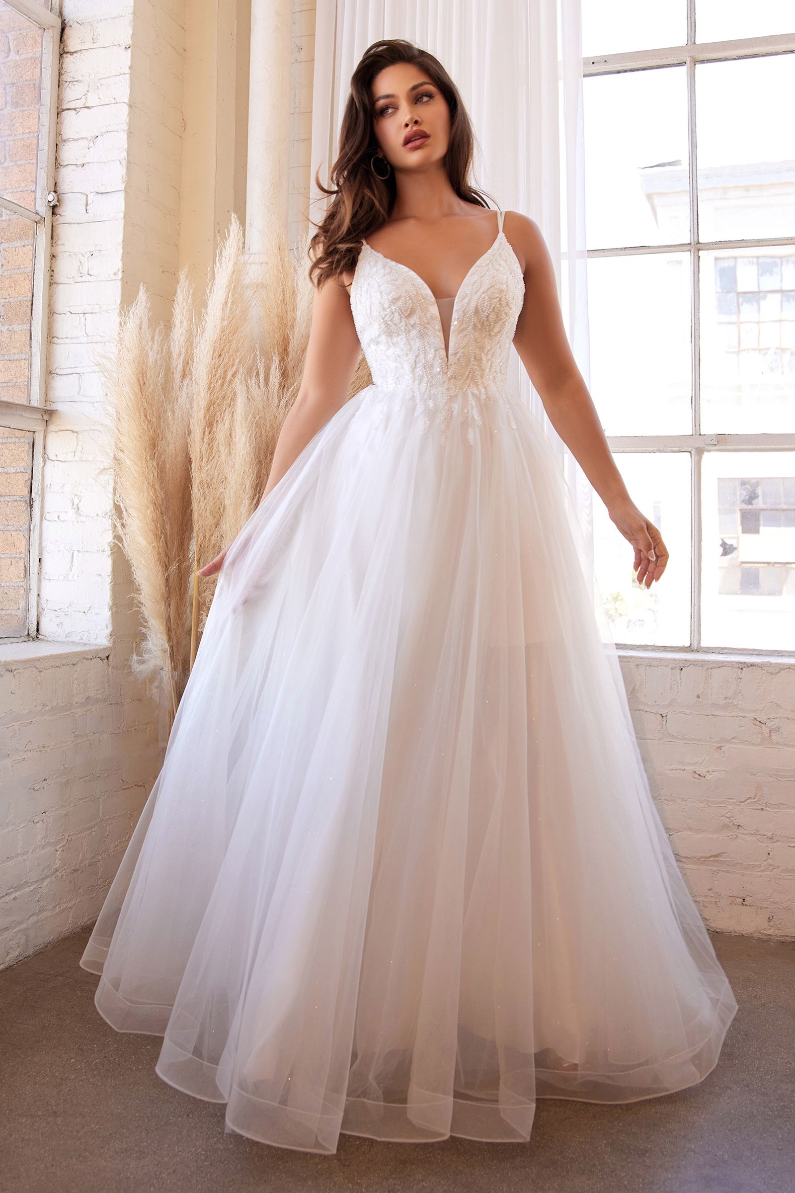 White Tulle A-Line Wedding Dress with Floral Appliqué and Plunging Neckline  CDCD0154W