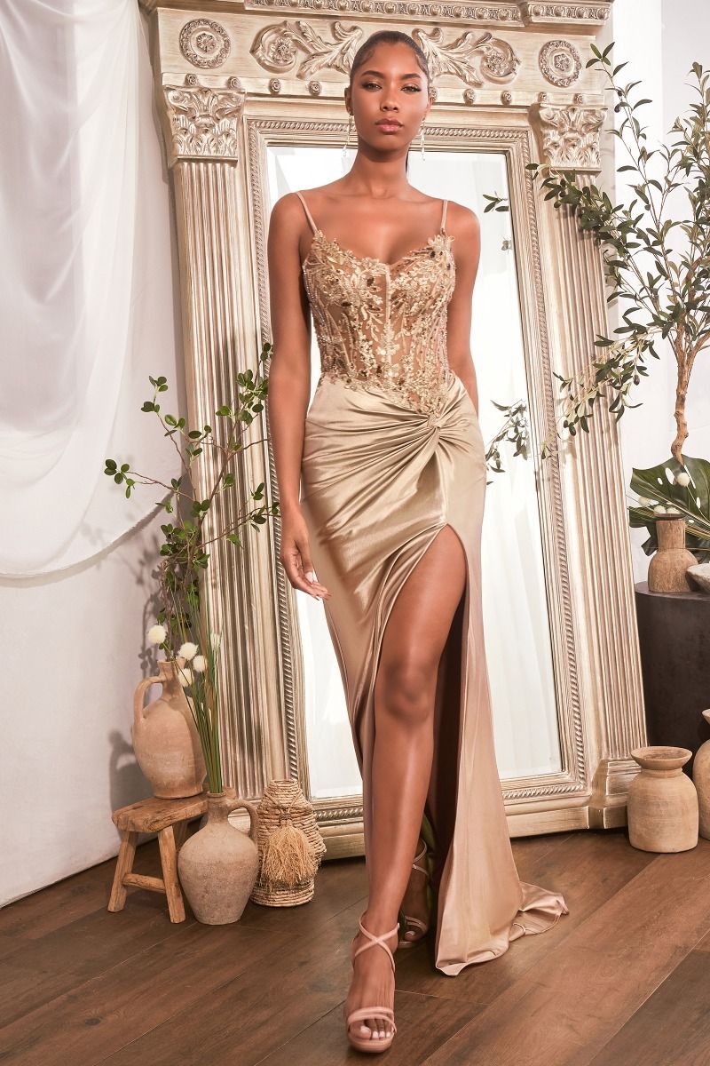 Rose, Teal, Olive, Purple & Red Satin Formal Gown with Beaded Corset | High Slit Evening Dress  CDCD0176