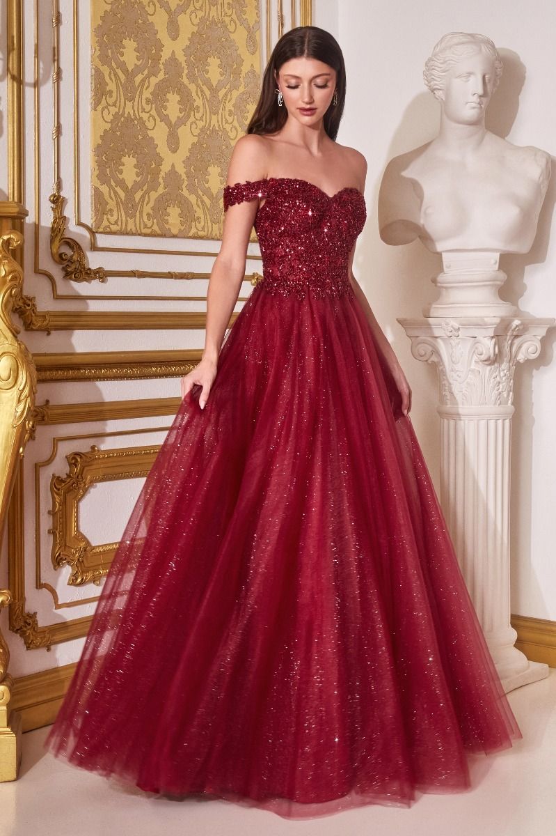 Off Shoulder A-line Sequin Bodice Glittery Layered Tulle Skirt Long Prom & Bridesmaid Dress CDCD0177