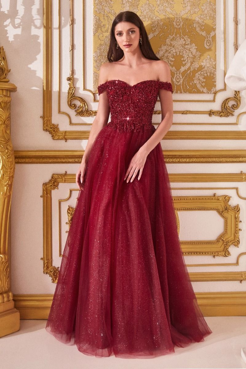 Off Shoulder A-line Sequin Bodice Glittery Layered Tulle Skirt Long Prom & Bridesmaid Dress CDCD0177