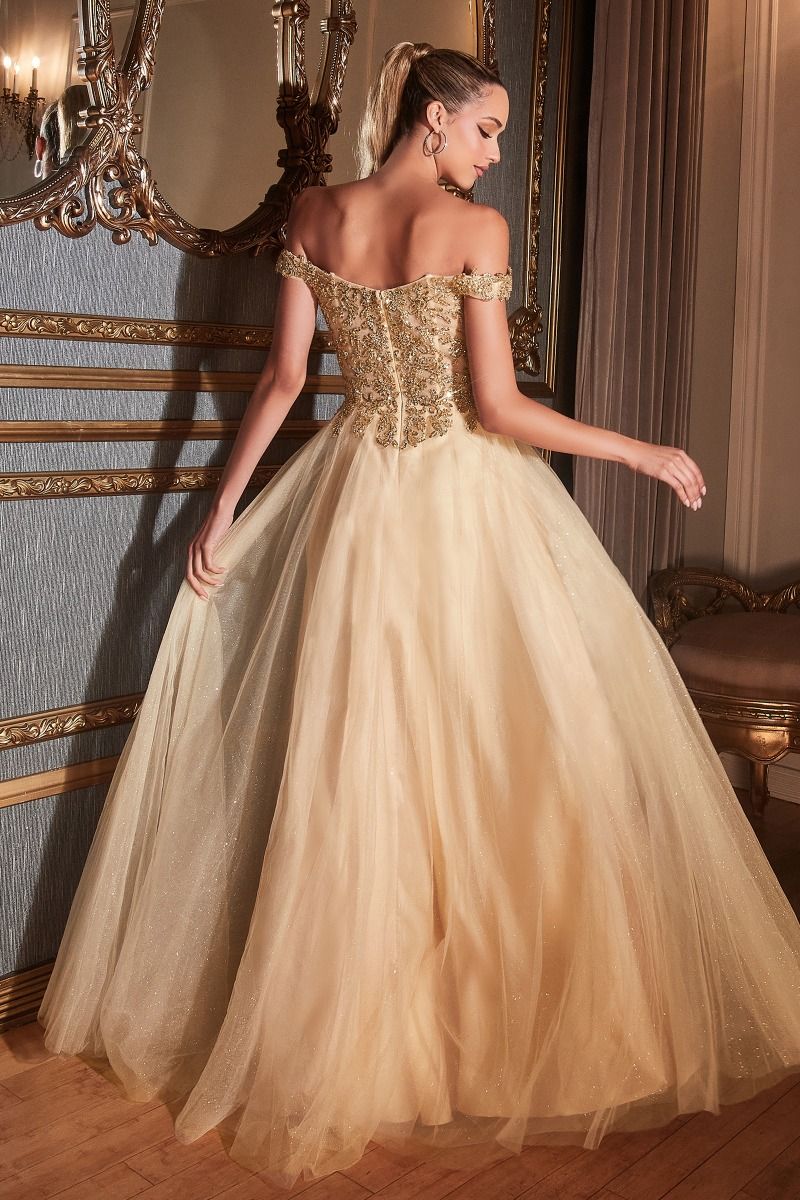 Off Shoulder A-line Sequin Bodice Glittery Layered Tulle Skirt Long Prom & Bridesmaid Dress CDCD0177