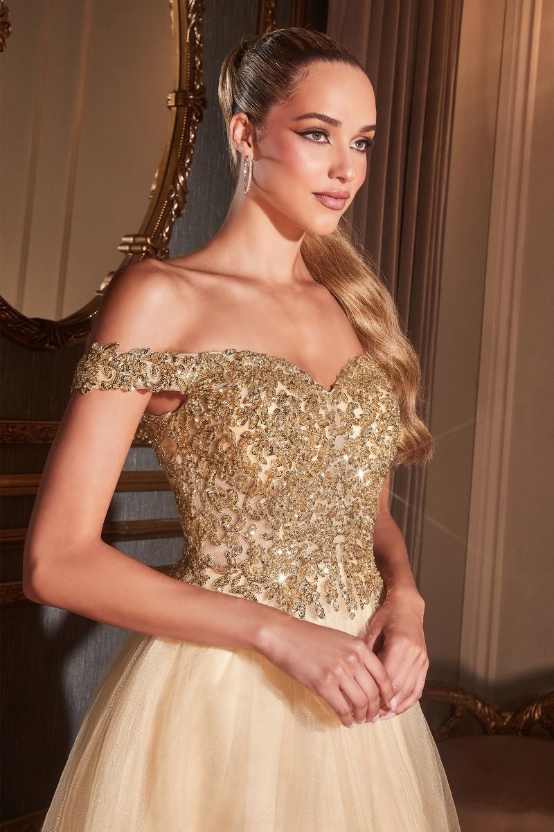 Off Shoulder A-line Sequin Bodice Glittery Layered Tulle Skirt Long Prom & Bridesmaid Dress CDCD0177