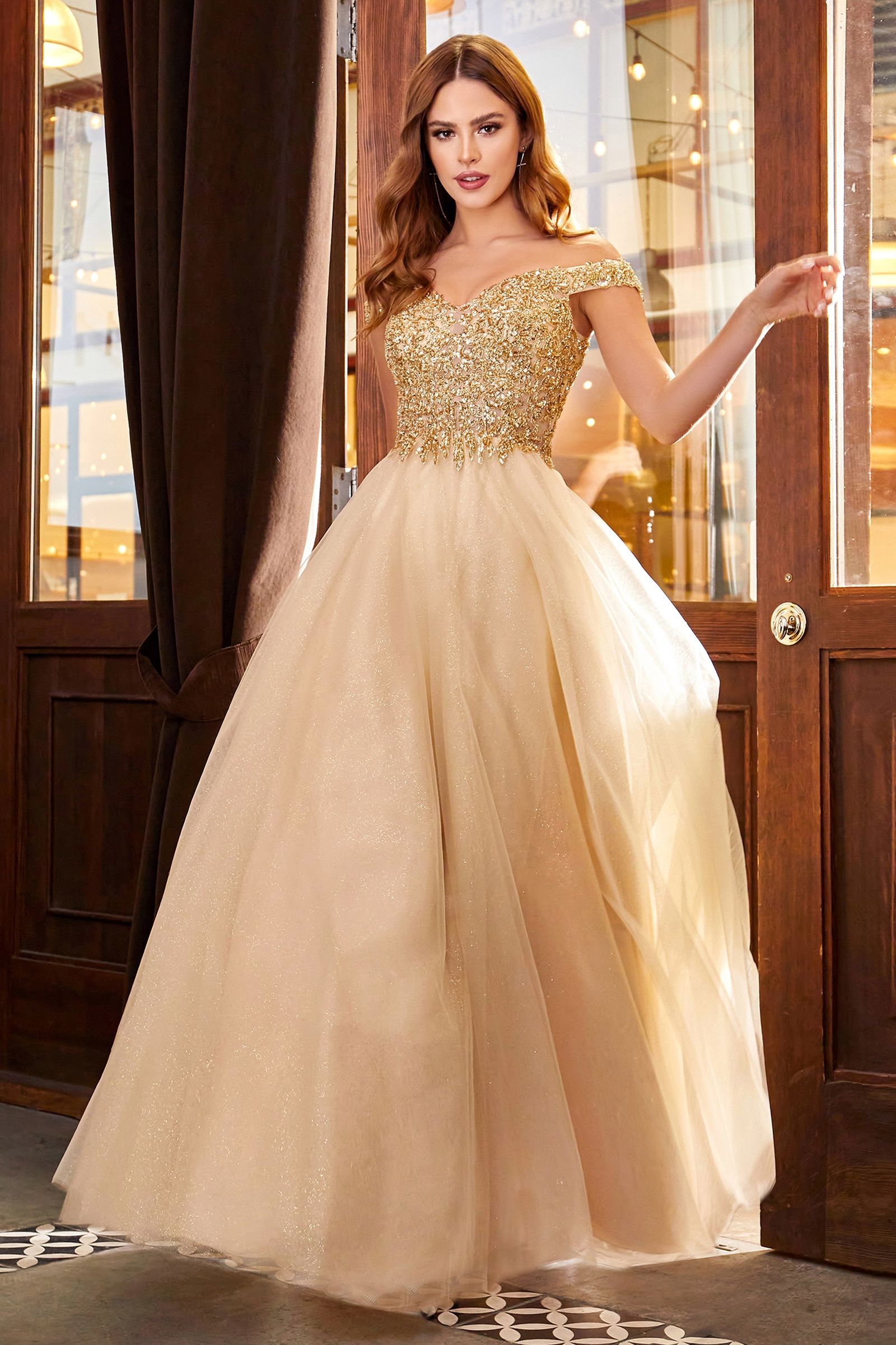 Off Shoulder A-line Sequin Bodice Glittery Layered Tulle Skirt Long Prom & Bridesmaid Dress CDCD0177