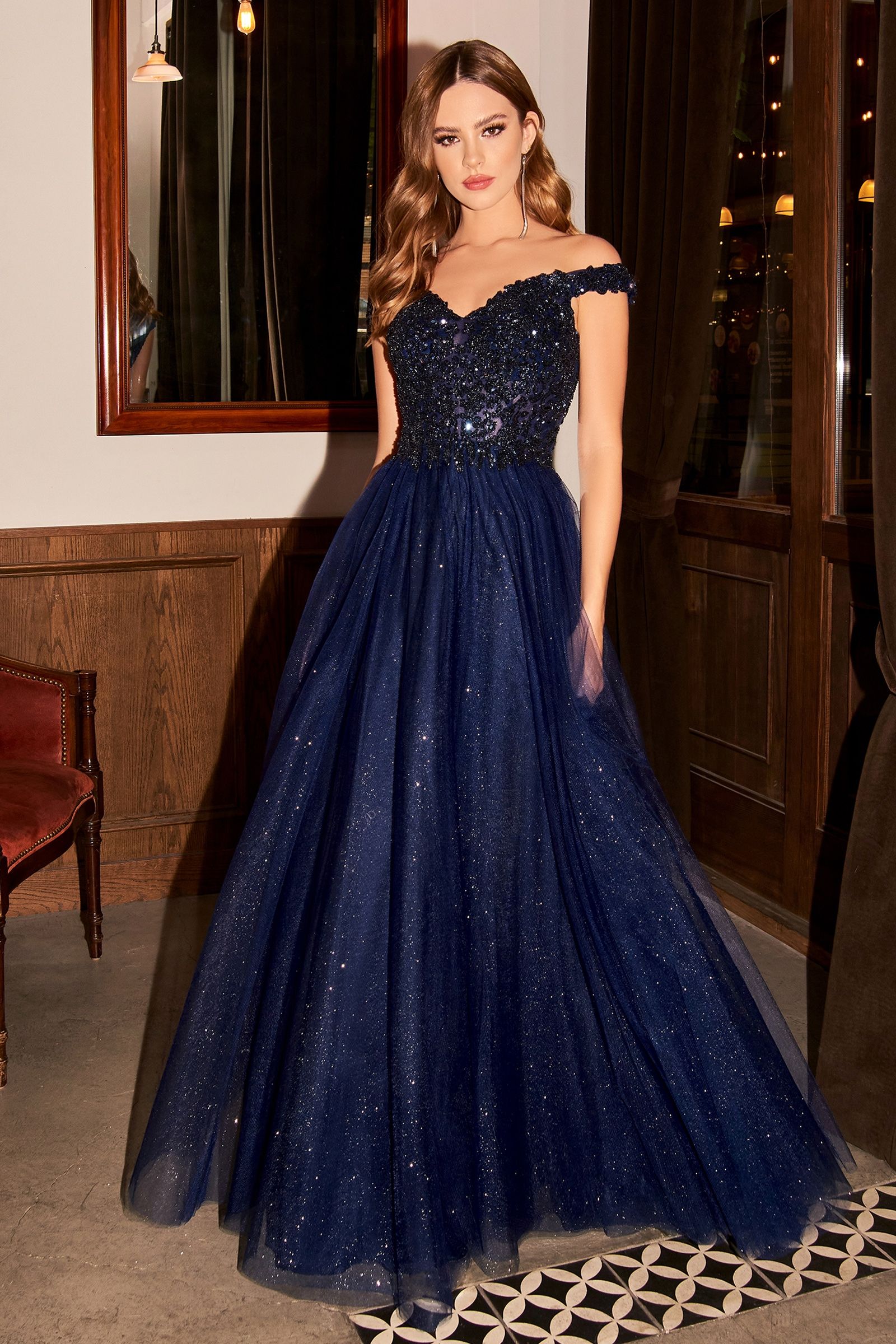 Off Shoulder A-line Sequin Bodice Glittery Layered Tulle Skirt Long Prom & Bridesmaid Dress CDCD0177