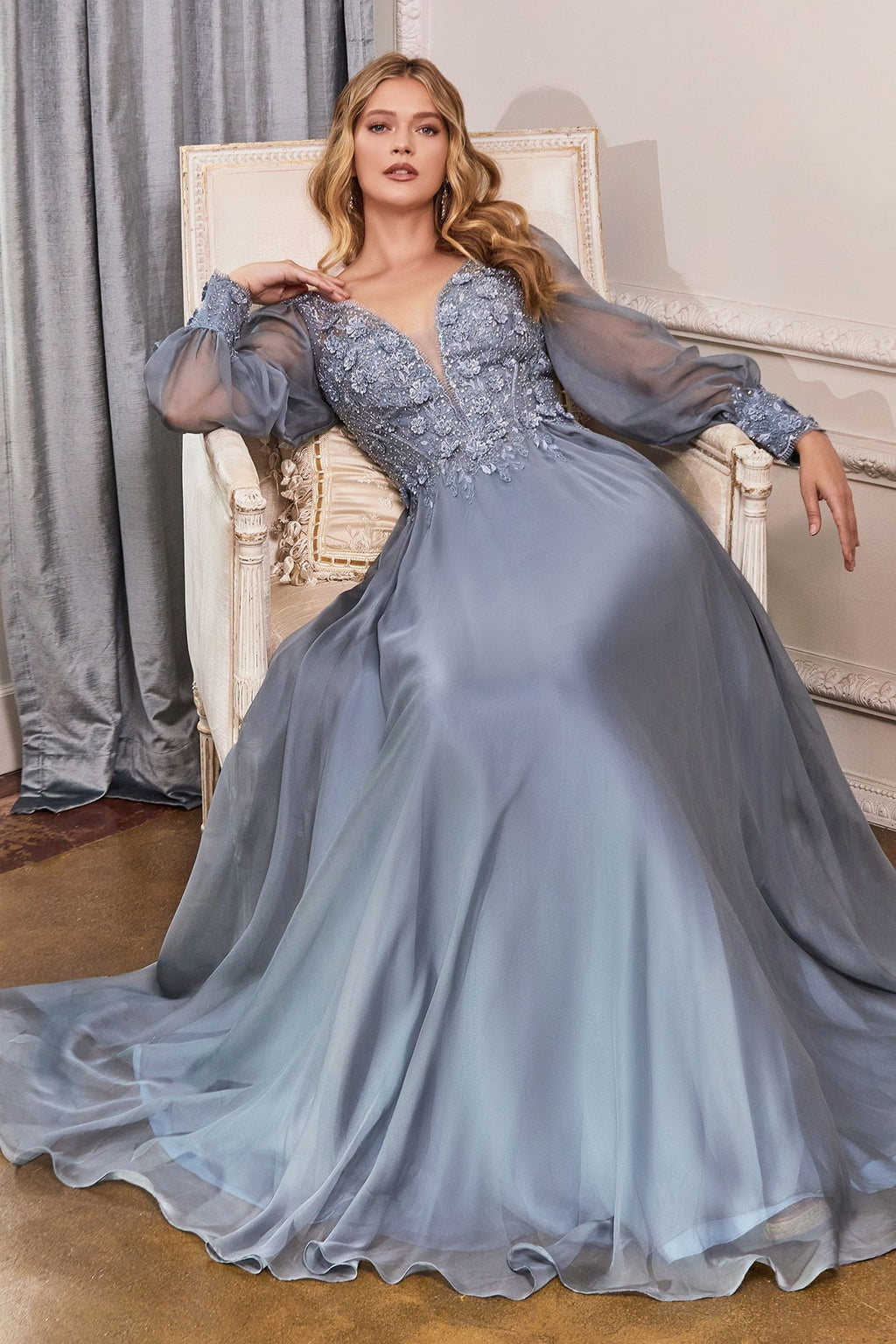 Elegant Long Puff Sleeves A-Line Chiffon Embellished V-Neck Long Evening & Prom Dress CDCD0183