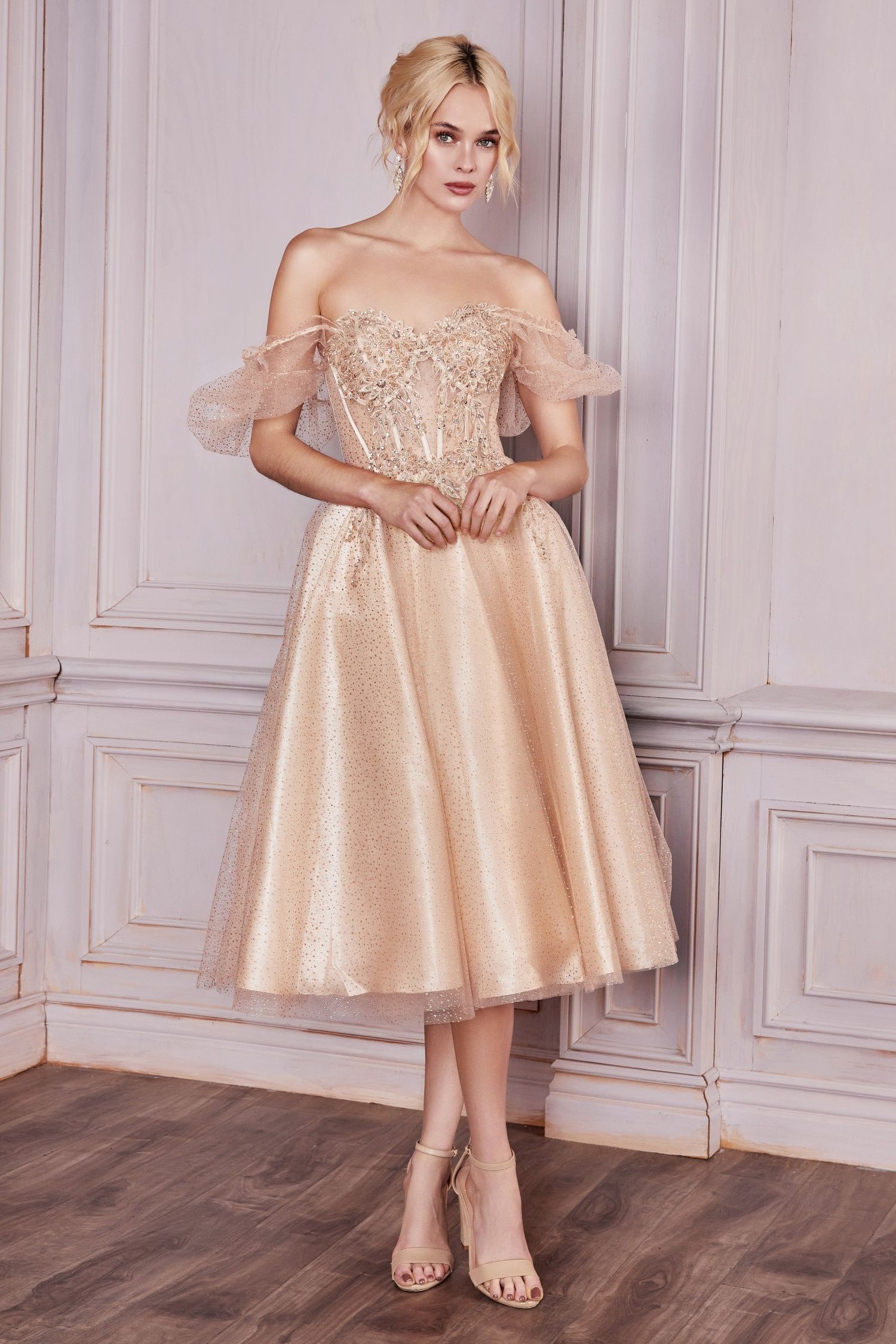 Black Glitter Corset Tea-Length Gown – Vintage-Inspired Tulle Dress with Puff Sleeves  CDCD0187