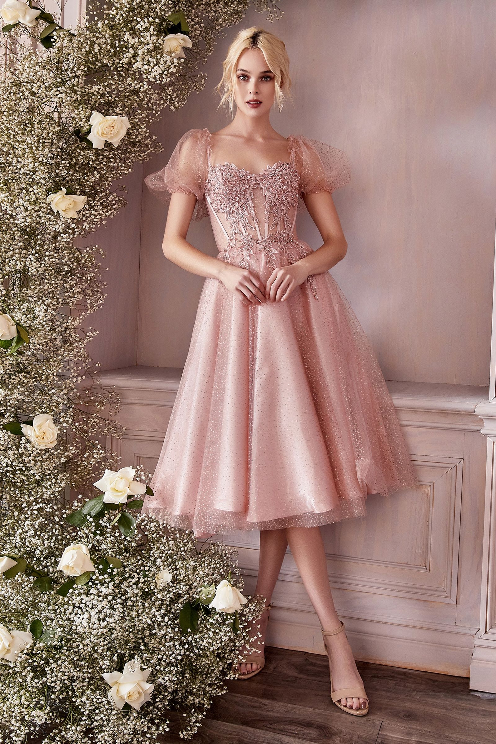 Black Glitter Corset Tea-Length Gown – Vintage-Inspired Tulle Dress with Puff Sleeves  CDCD0187