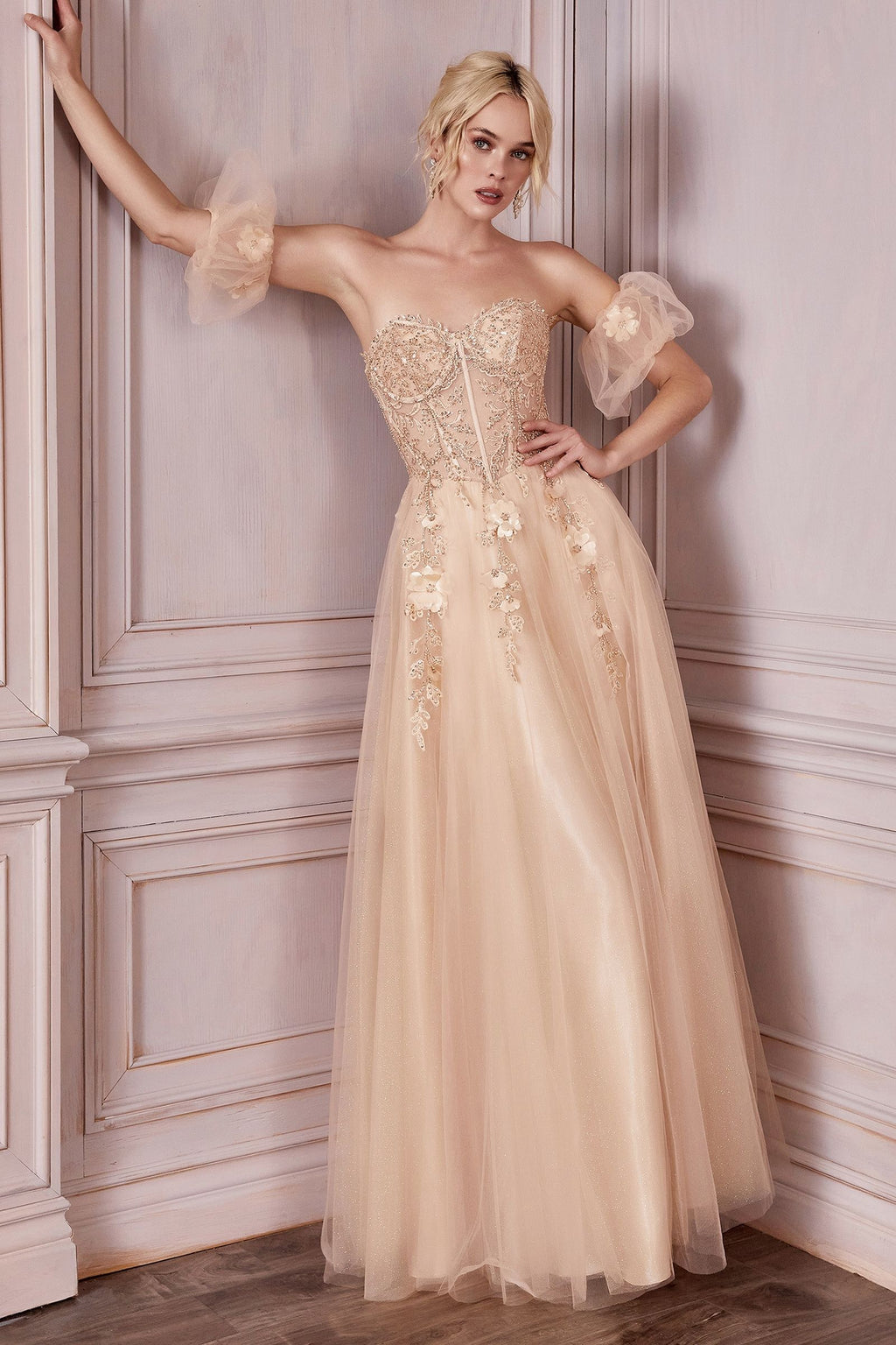 Dusty Blue, Champagne Off-Shoulder Floral Corset Tulle Ball Gown CDCD0191
