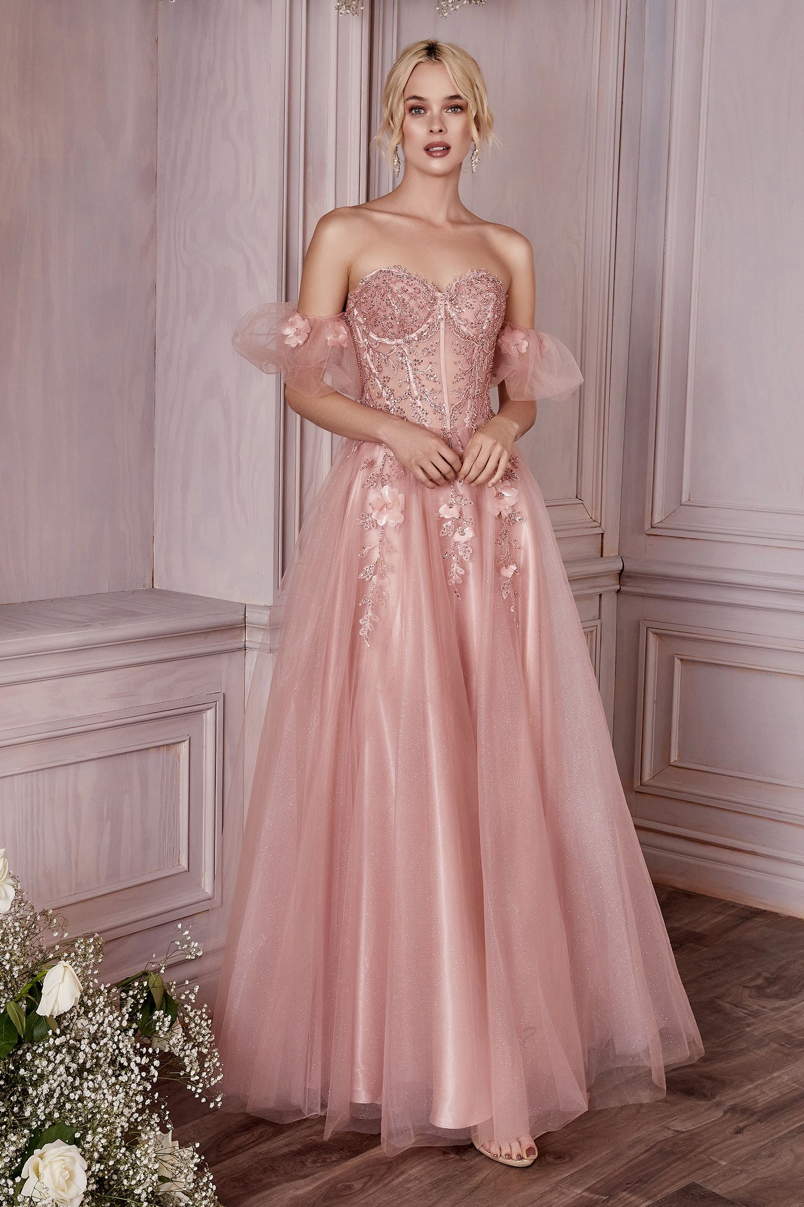 Dusty Blue, Champagne Off-Shoulder Floral Corset Tulle Ball Gown CDCD0191