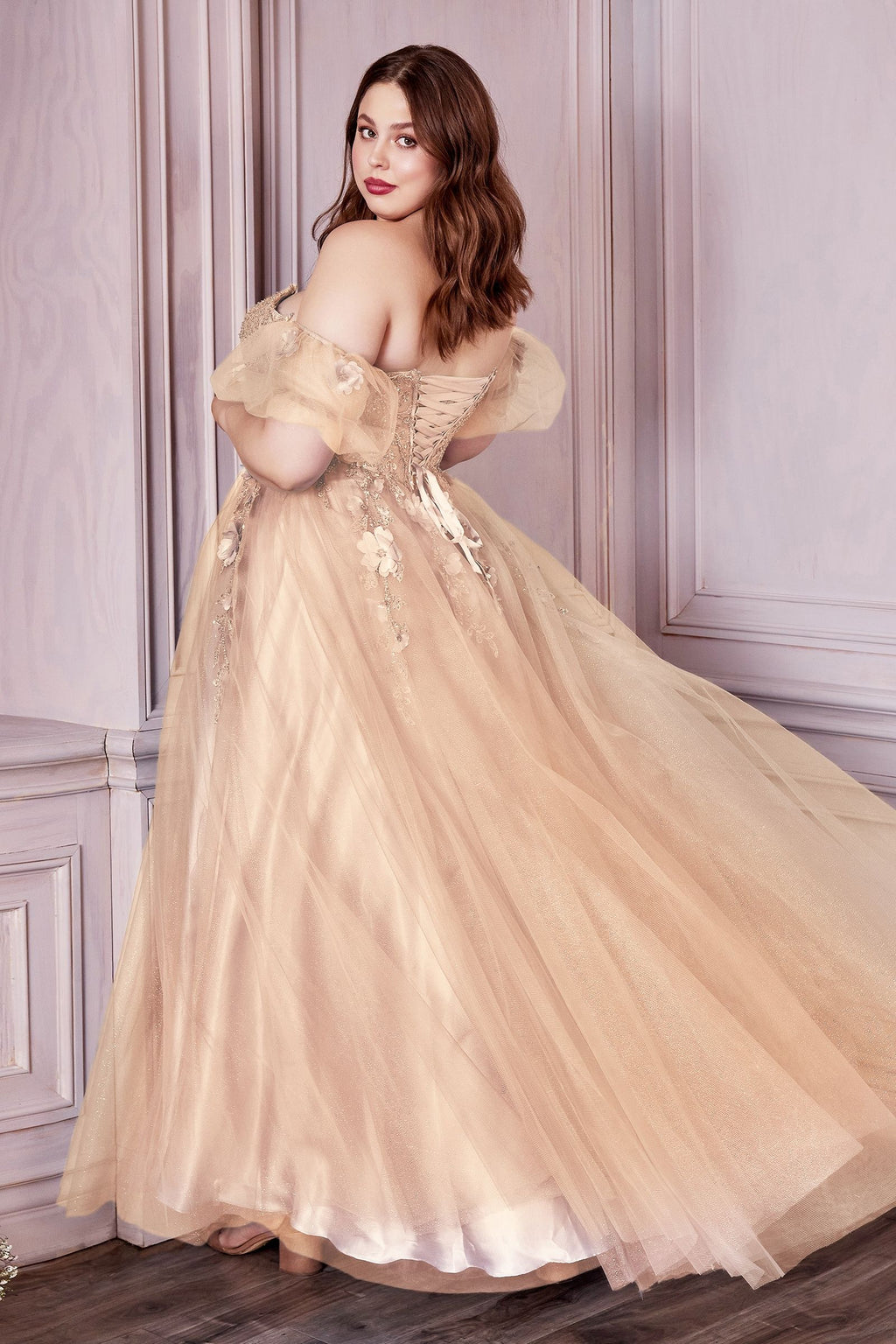 Blush & Burgundy Plus Size Tulle Ball Gown | Floral Appliqué Strapless Dress with Off-Shoulder Sleeves  CDCD0191C