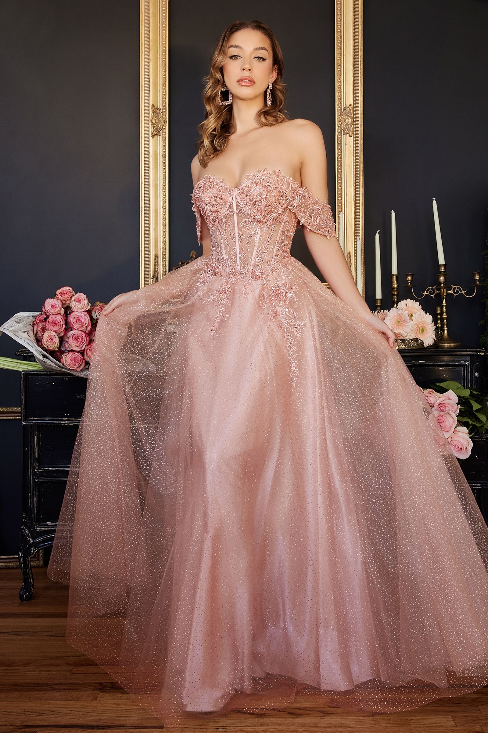 Lilac, Silver Blue, Wine Red Glitter Off Shoulder A-Line Gown with Corset Bodice  CDCD0198