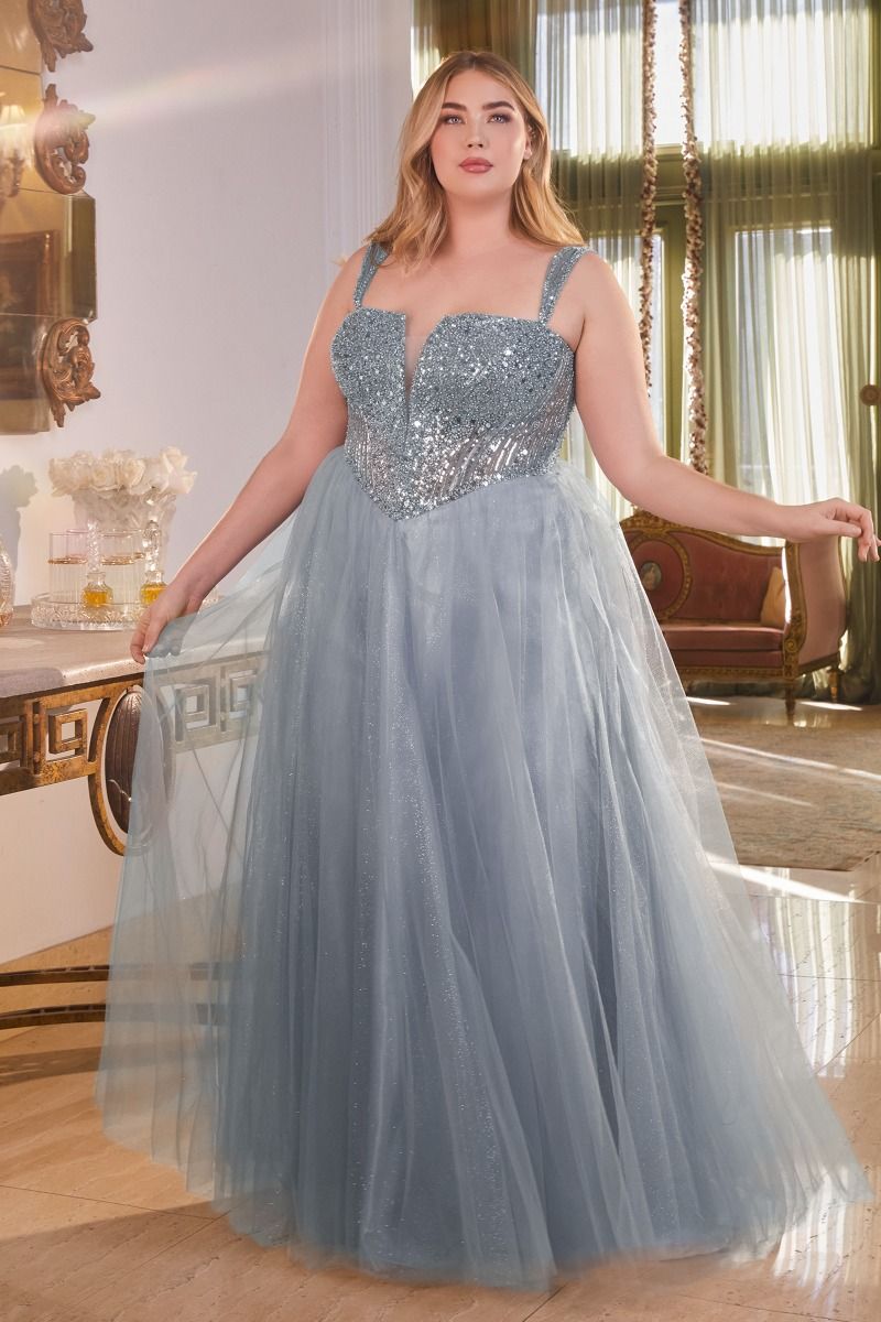 Blue, Gold & Purple Plus Size Glitter Corset Ball Gown | Sparkly Tulle Formal Dress with Straps  CDCD0217C