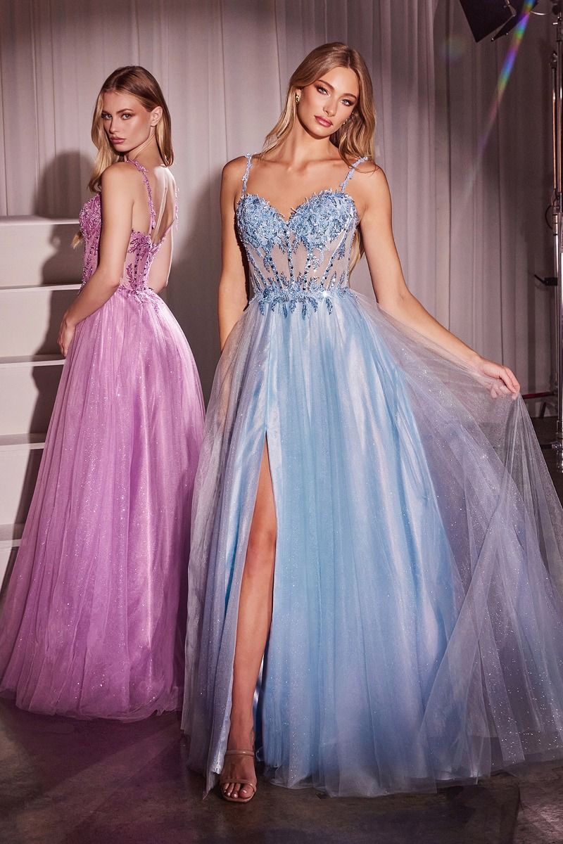 Ice Blue, Green, Red Appliqué Tulle Gown with Slit and Sheer Corset Bodice CDCD0234