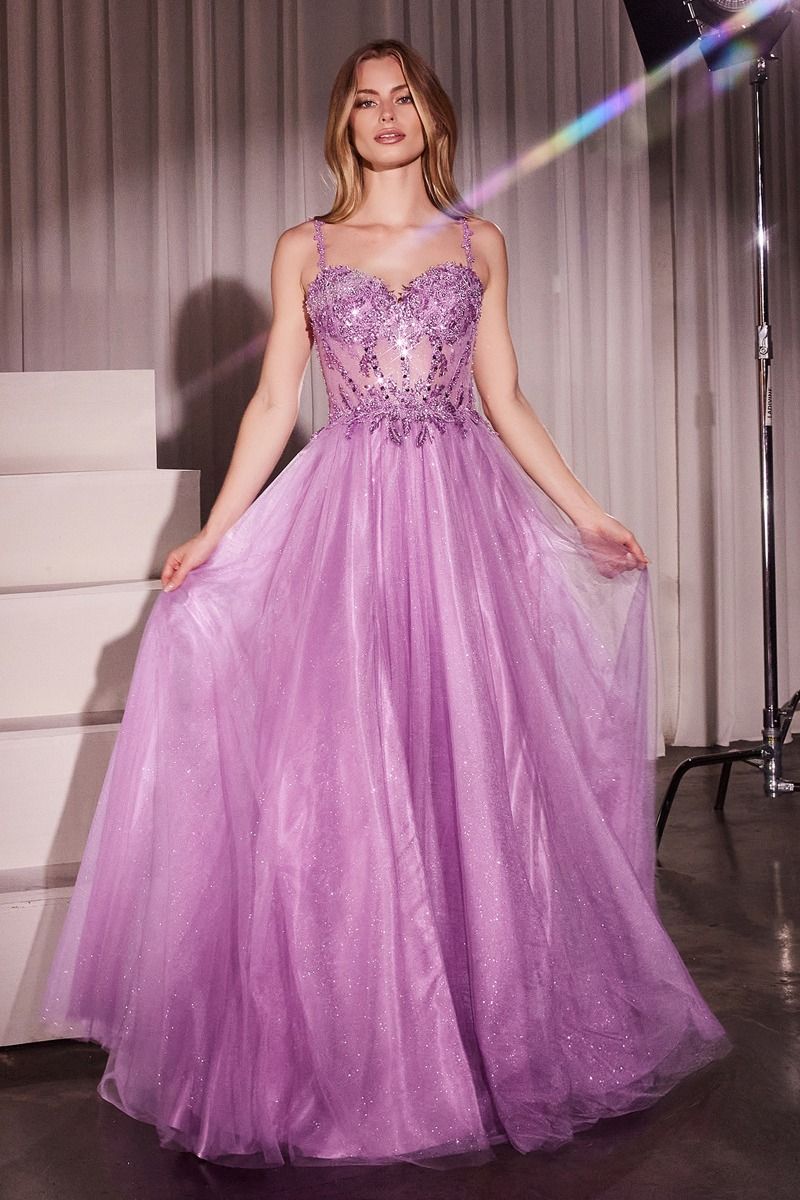 Ice Blue, Green, Red Appliqué Tulle Gown with Slit and Sheer Corset Bodice CDCD0234