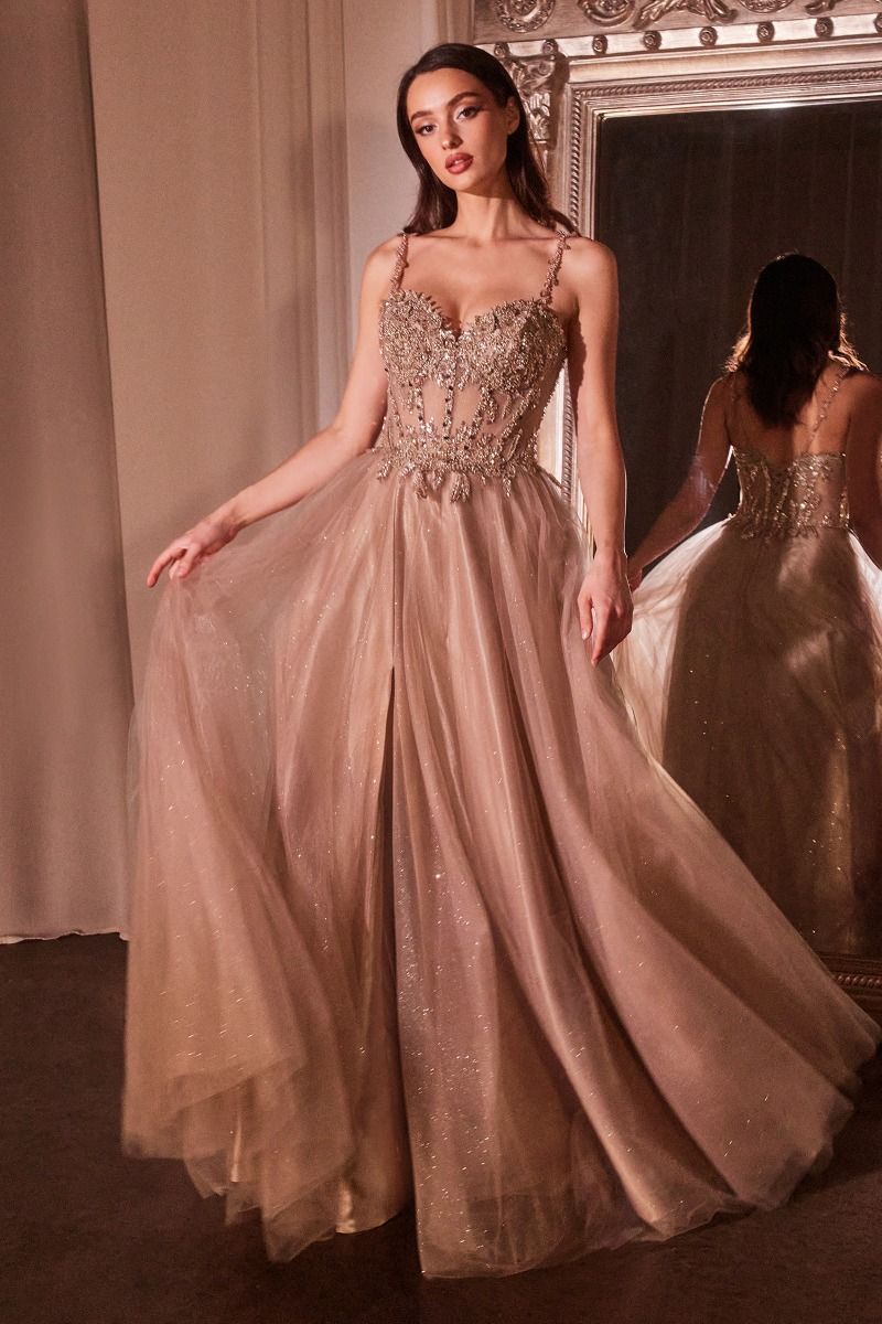Ice Blue, Green, Red Appliqué Tulle Gown with Slit and Sheer Corset Bodice CDCD0234