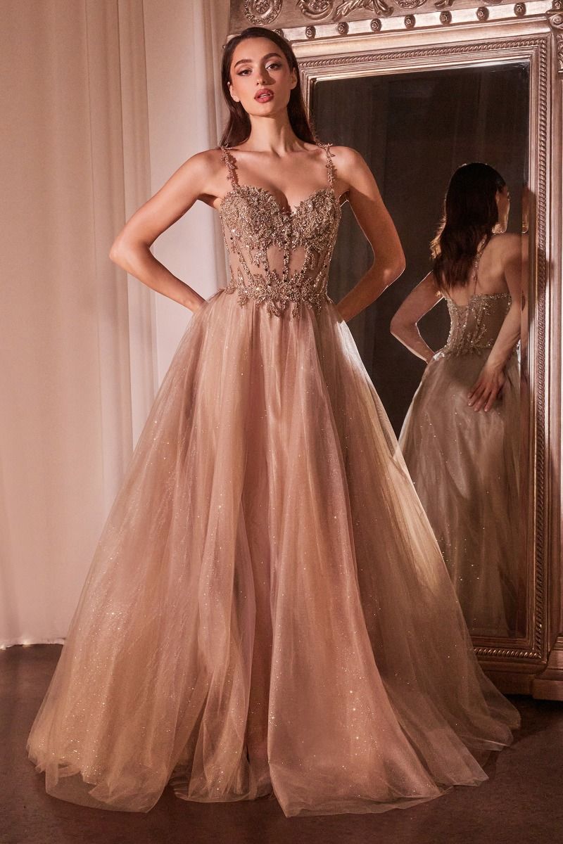 Ice Blue, Green, Red Appliqué Tulle Gown with Slit and Sheer Corset Bodice CDCD0234