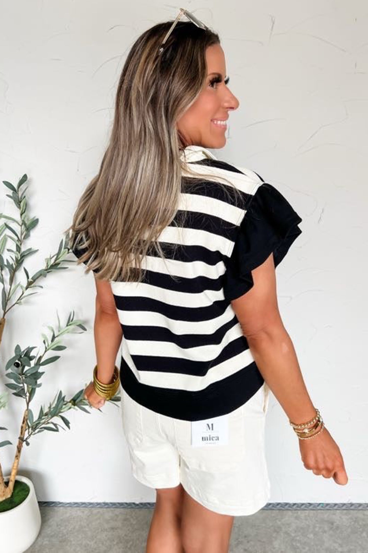 Stripe Collar V-Neck Ruffle Short Sleeve Blouse