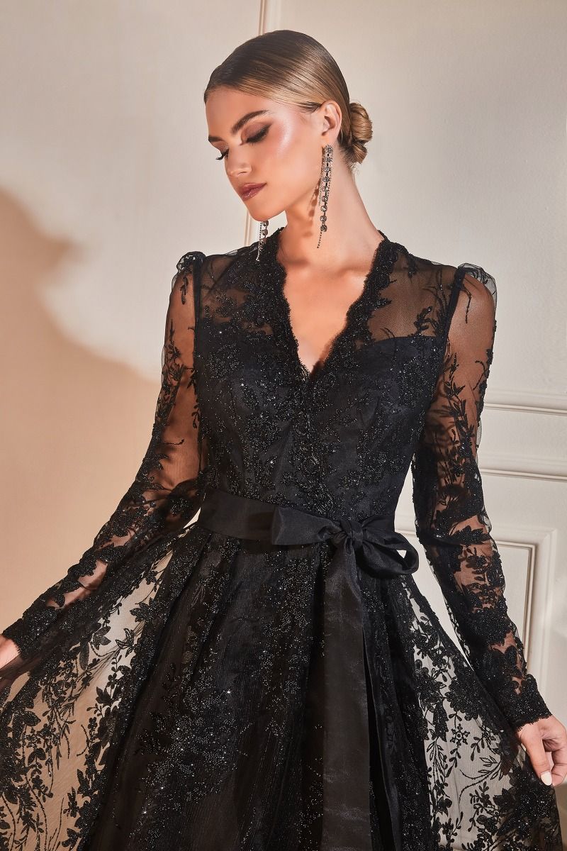 A-Line Long Sleeves Embroidered Lace V-Neck Long Mother Of The Bride Dress CDCD233C