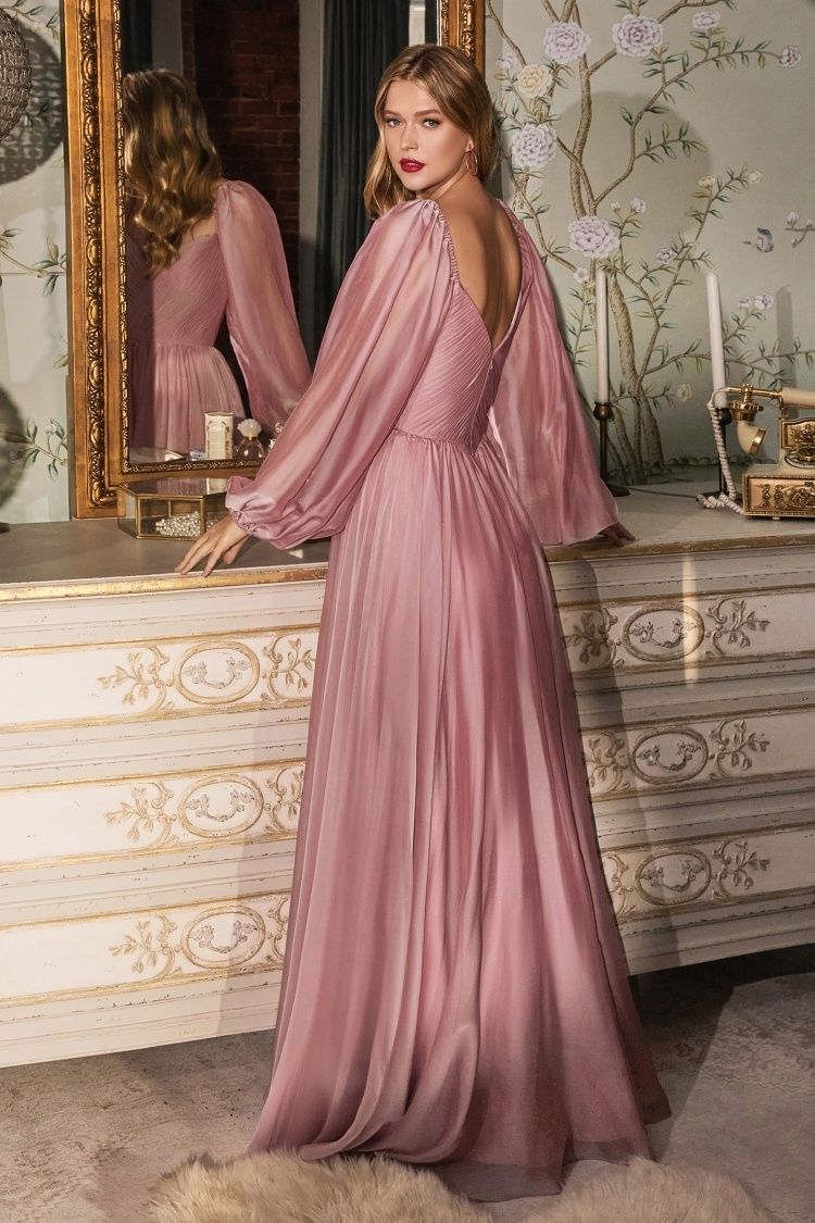 Off-Shoulder Chiffon A-Line Gown with Bishop Sleeves – Romantic Formal Dress with Sweetheart Neckline  CDCD243