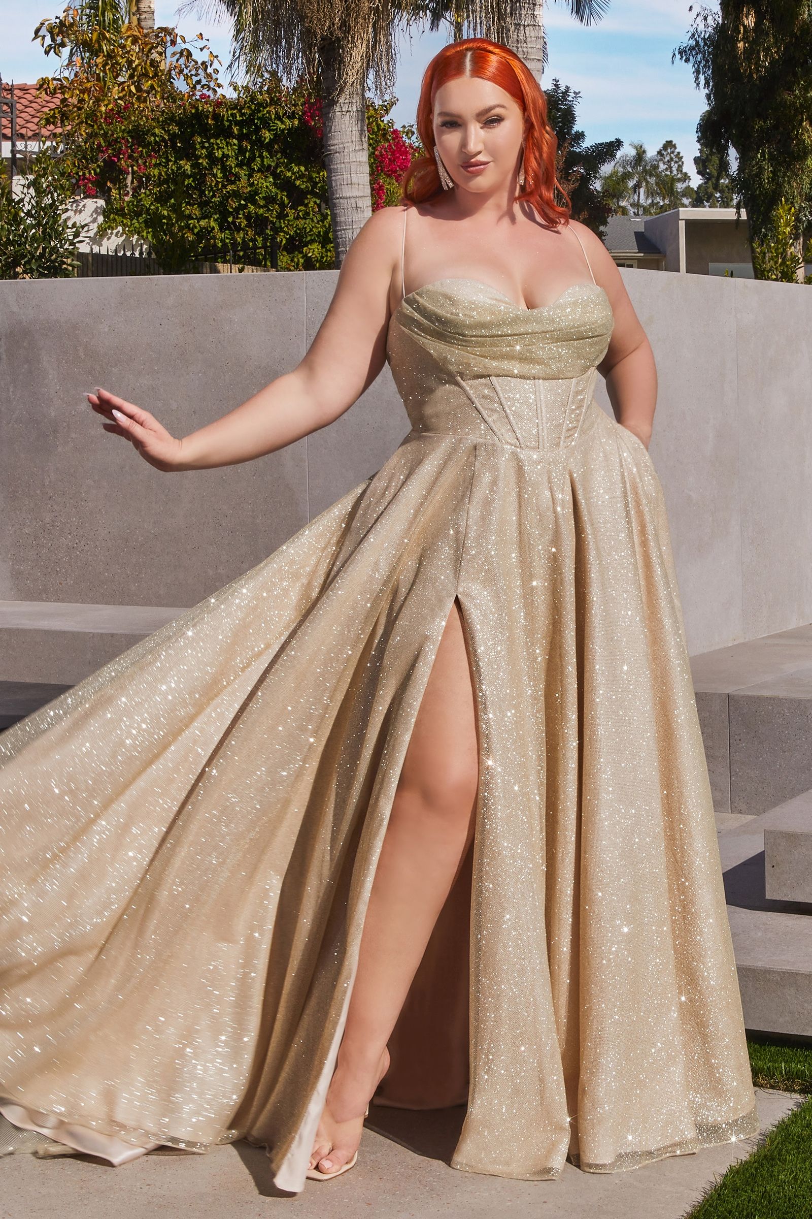 Plus Size Glitter Corset A-Line Gown – Sparkly Sweetheart Formal Dress with Pockets   CDCD252C