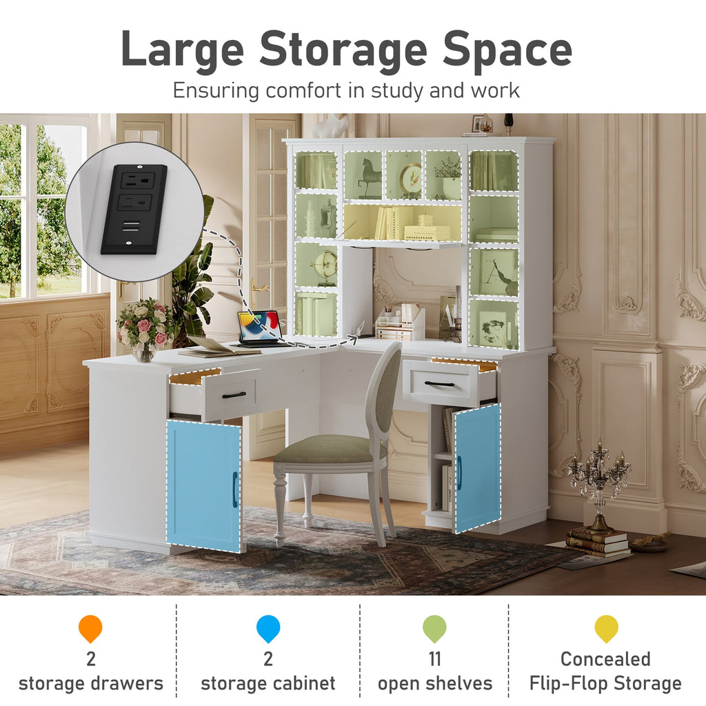 L-Shaped Computer Desk with 2 Cabinets and 2 Drawers, 11 Open Shelves , with Electrical Outlet, for Study, Living Room and Office, White