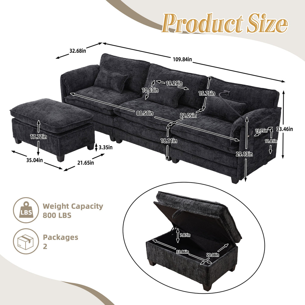 UNITED WE WIN 112' Oversized Sectional Sofa Cloud Couch for Living Room, Modern Chenille L Shaped Couch, Comfy Boucle Modular Sofa Sleeper with Movable Storage Ottoman, Phone Holder, USB Charging Port