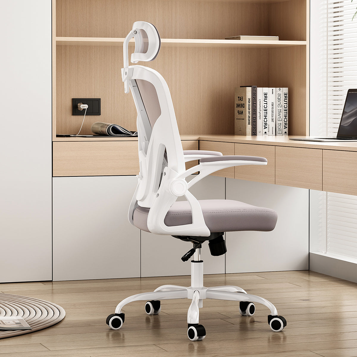 Ergonomic Office Chair, Home Office Desk Chair with Headrest, High Back Computer Chair with Armrests and Adjustable Lumbar Support for Home Office Study Room,White & Gray